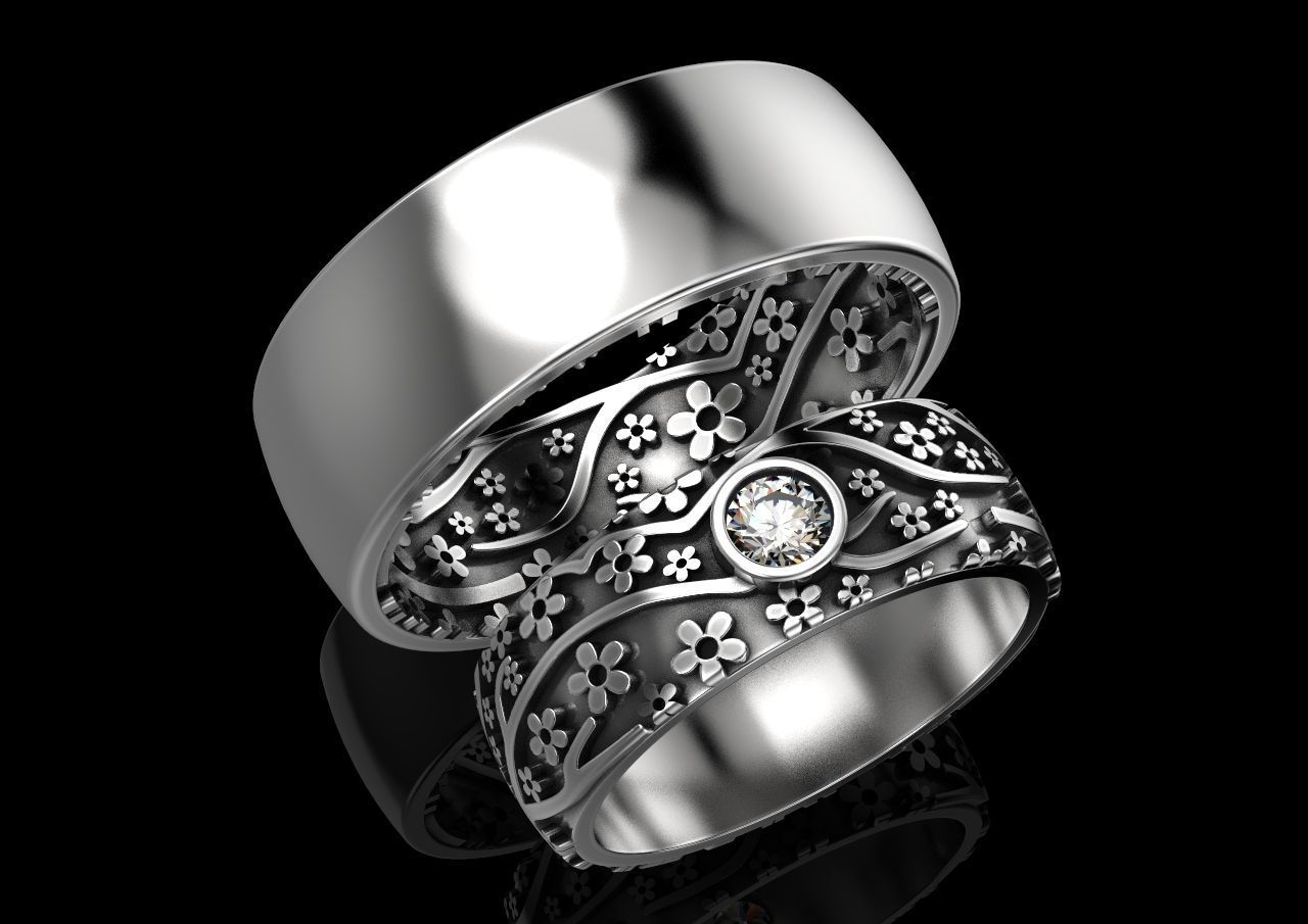 Обручальные кольца сакура с бриллиантом 