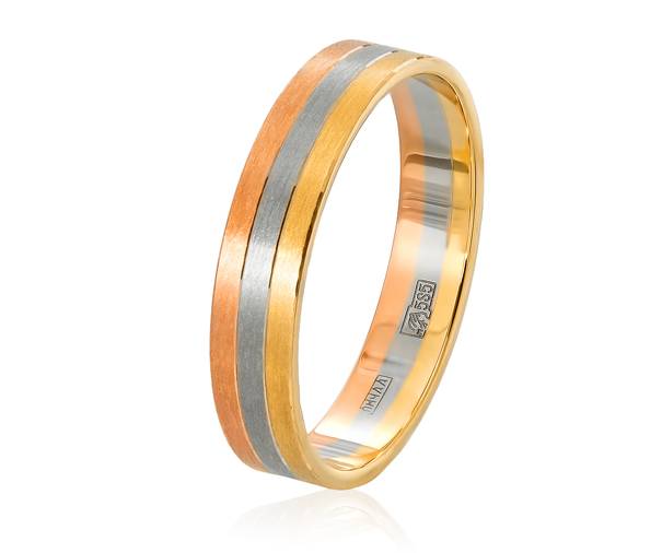 Обручальное кольцо трёхсплавное: белое, жёлтое и красное золото с алмазкой 