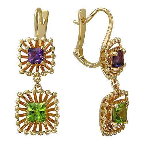 Серьги из желтого золота c аметистом и хризолитом 