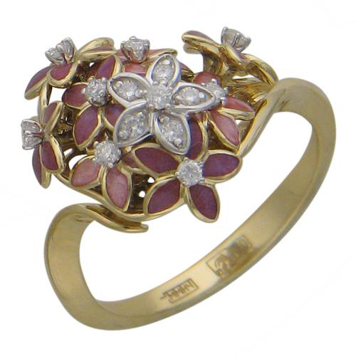 Кольцо из комбинированного золота c бриллиантом и эмалью 01К685613ЭL фото