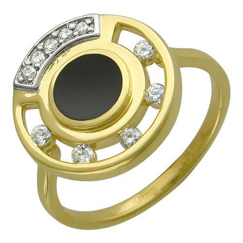Кольцо из комбинированного золота c бриллиантом и ониксом 01К682927 фото
