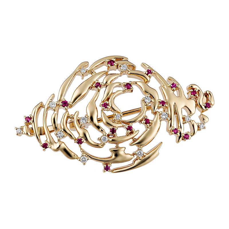 Брошь из желтого золота c рубином и бриллиантом 