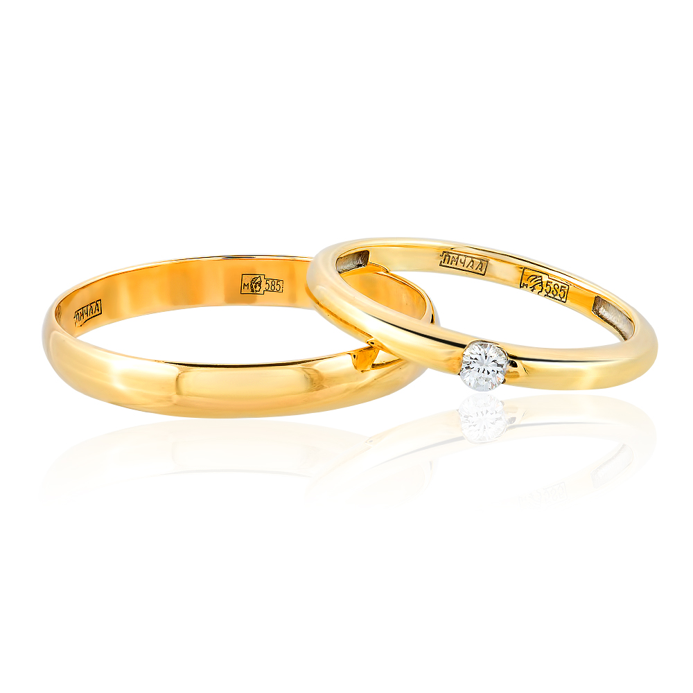 Пара обручальных колец классических желтое золото с бриллиантом 