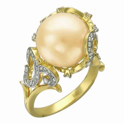 Кольцо из желтого золота c бриллиантом и жемчугом 01К636974-1 фото
