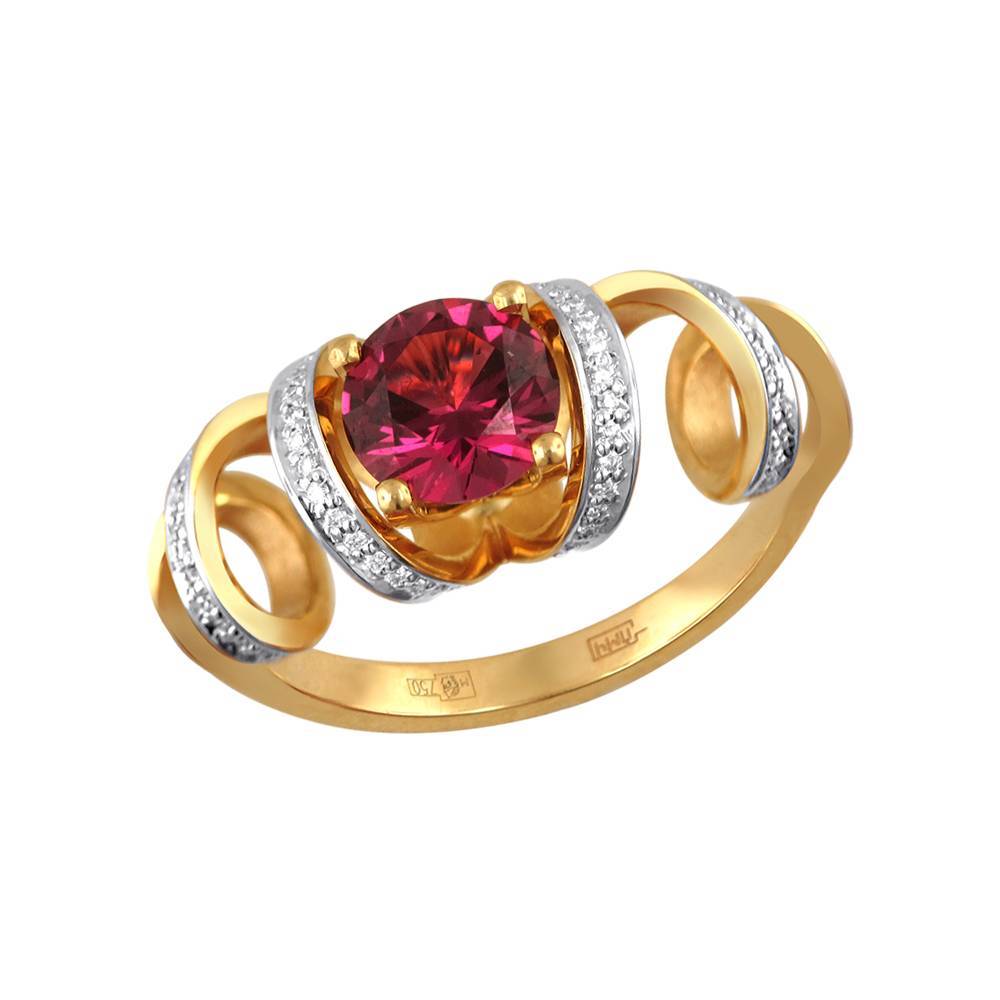 Кольцо из желтого золота c бриллиантом и родолитом 01К646209-2 фото
