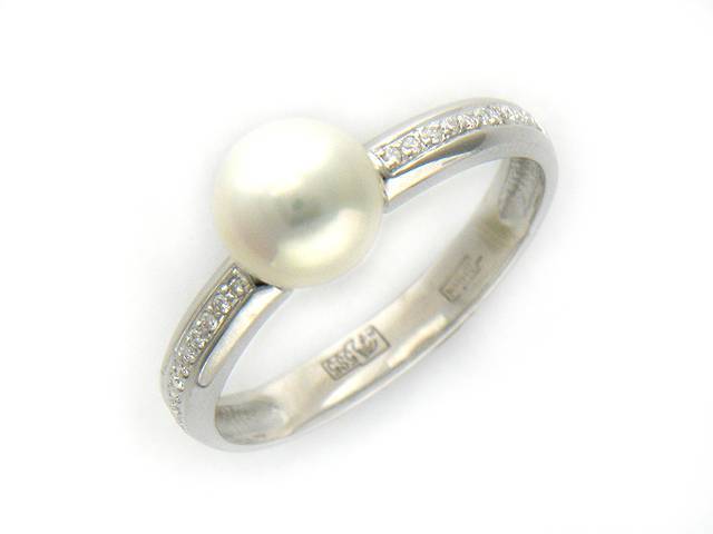 Кольцо из белого золота c бриллиантом и жемчугом 01К624937 фото