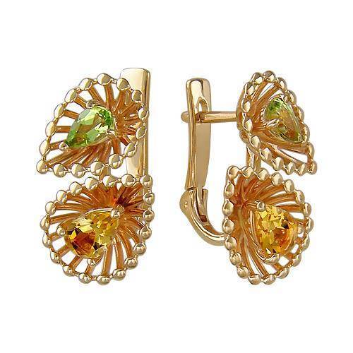 Серьги из красного золота c хризолитом и цитрином 