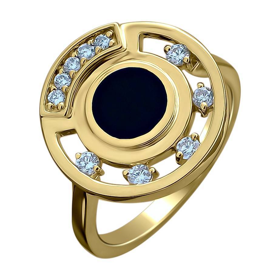 Кольцо из комбинированного золота c бриллиантом и ониксом 01К662927Ж-1 фото